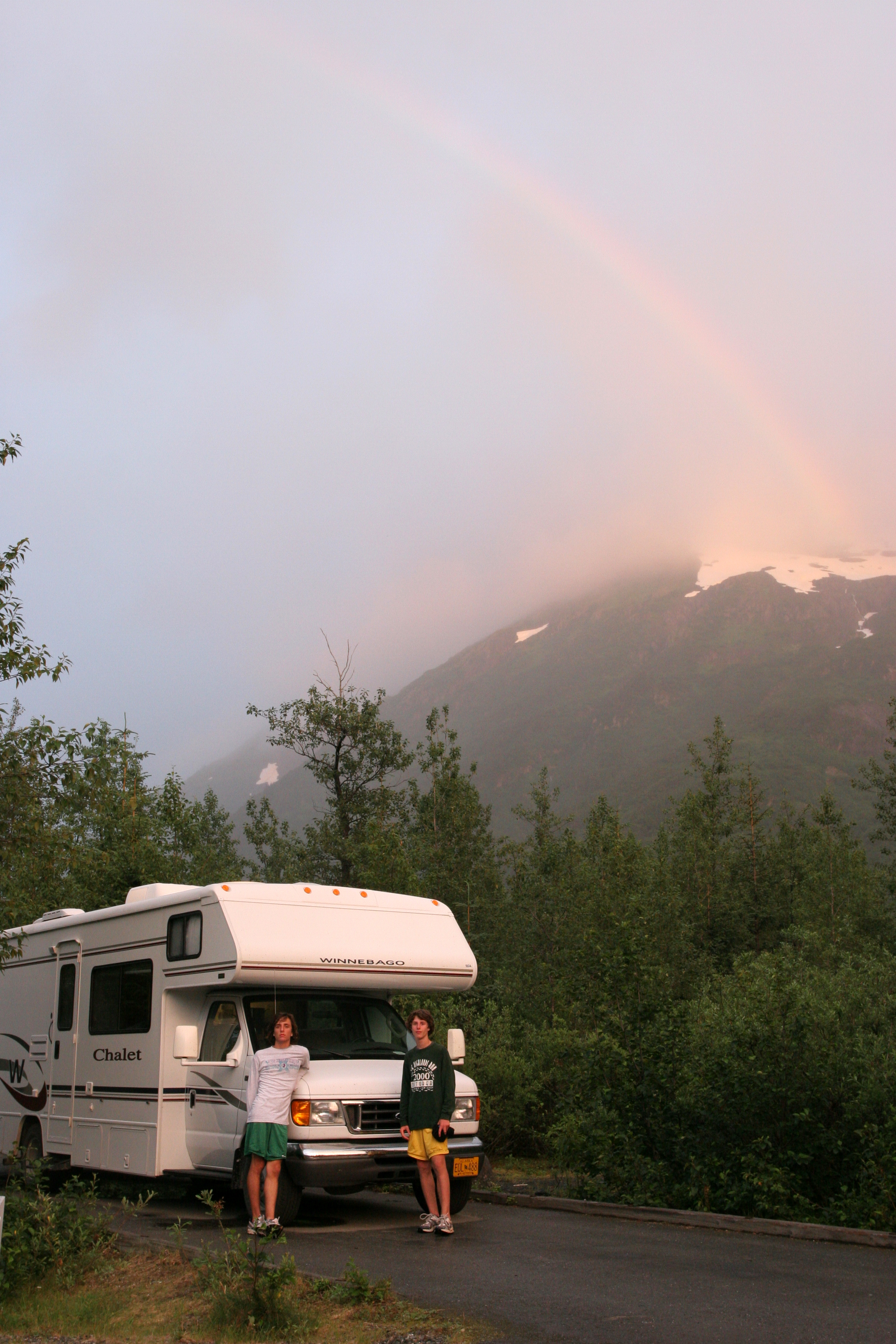 Rainbow over rental Winnebago with boys in Alaska - 2006