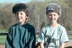 Boys sporting new coonskin hats