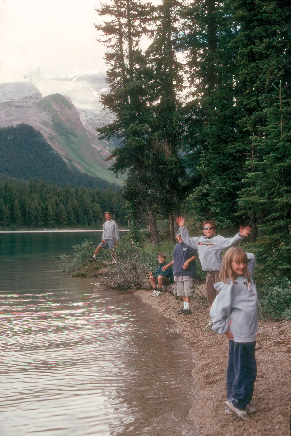 Kids posing on Maligne Lake