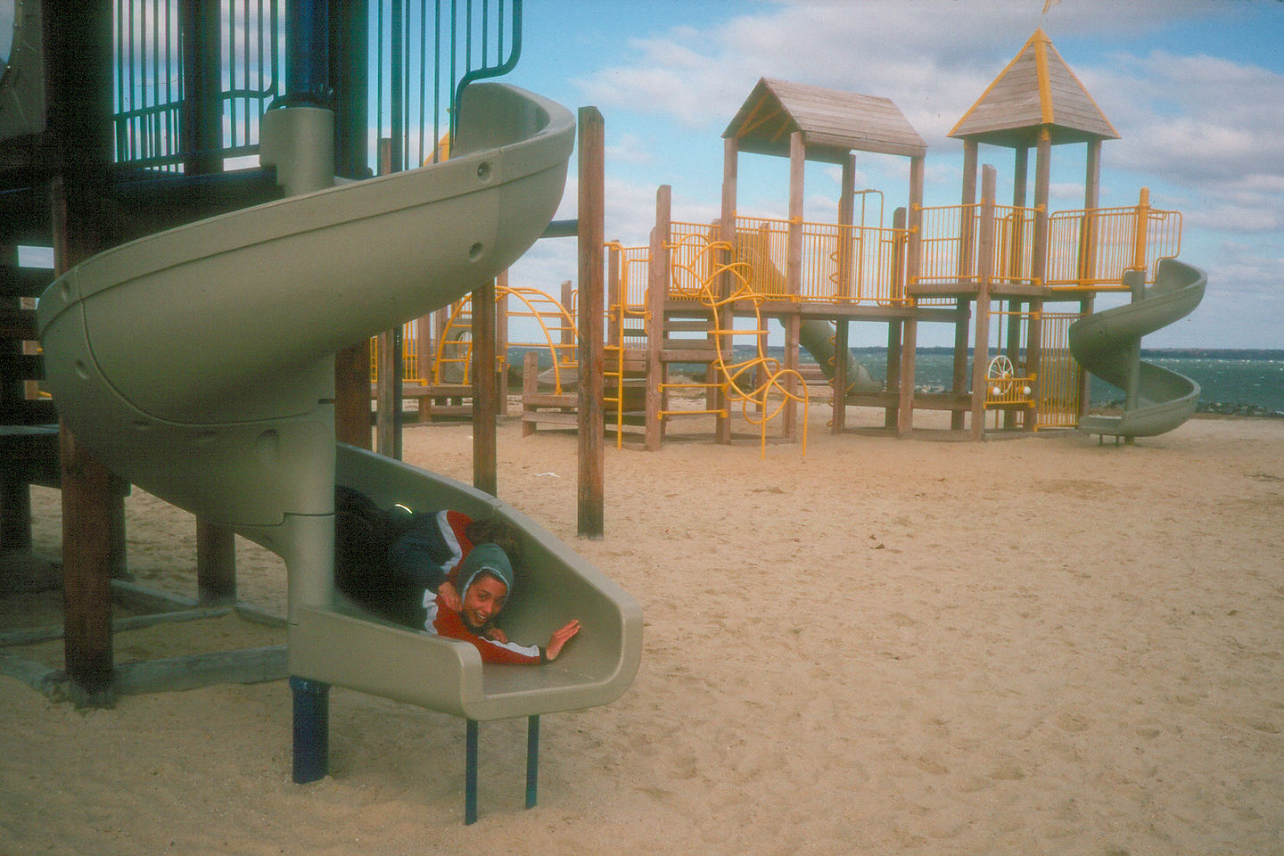 Boys on slide at rest stop