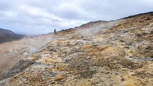 Climbing the hill above the Seltun Geothermal Area