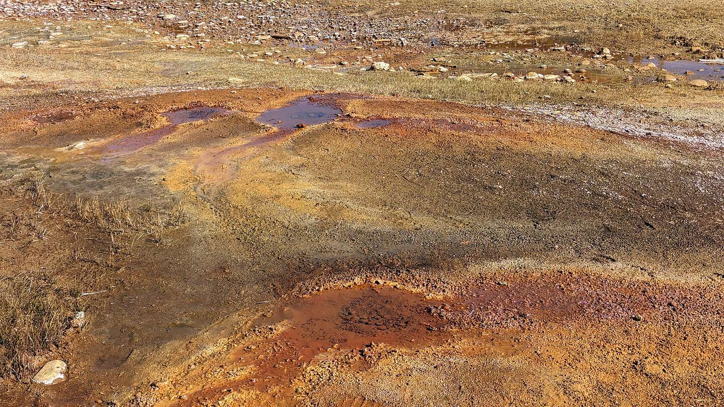 Mineral-crusted, rust-red puddles
